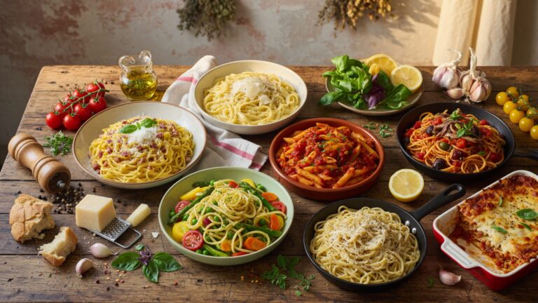 A variety of traditional Italian pasta dishes including Carbonara, Alfredo, Arrabbiata, Puttanesca, Primavera, Cacio e Pepe, and Lasagna served on a rustic table