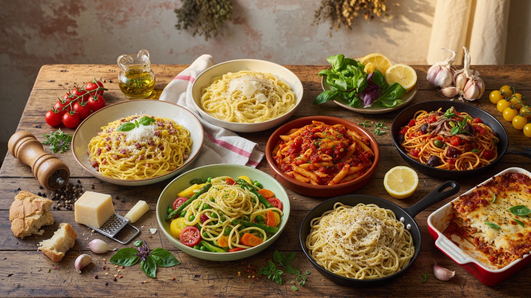 A variety of traditional Italian pasta dishes including Carbonara, Alfredo, Arrabbiata, Puttanesca, Primavera, Cacio e Pepe, and Lasagna served on a rustic table