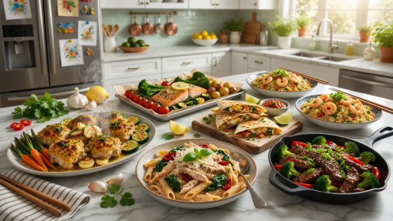 A variety of quick and easy 20-minute family dinner recipes including chicken, pasta, stir-fry, rice, and vegetables served on a dining table