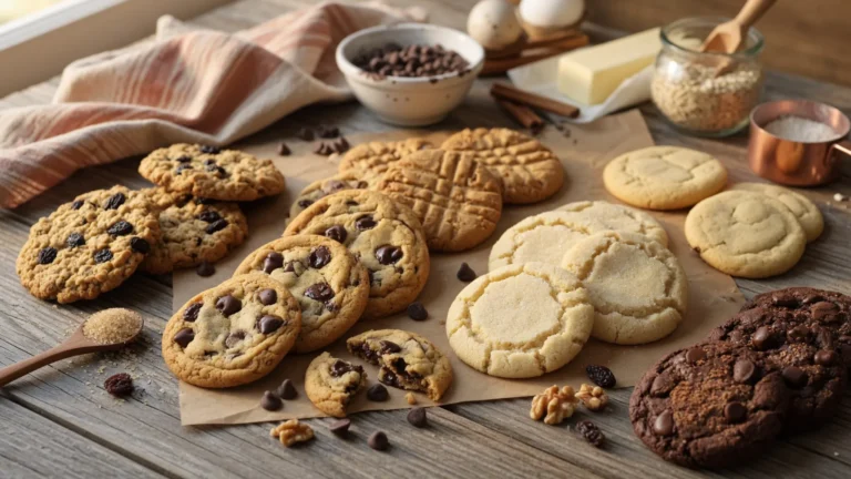 A variety of homemade cookies including chocolate chip, sugar, peanut butter, oatmeal raisin, and double chocolate cookies arranged on a wooden table