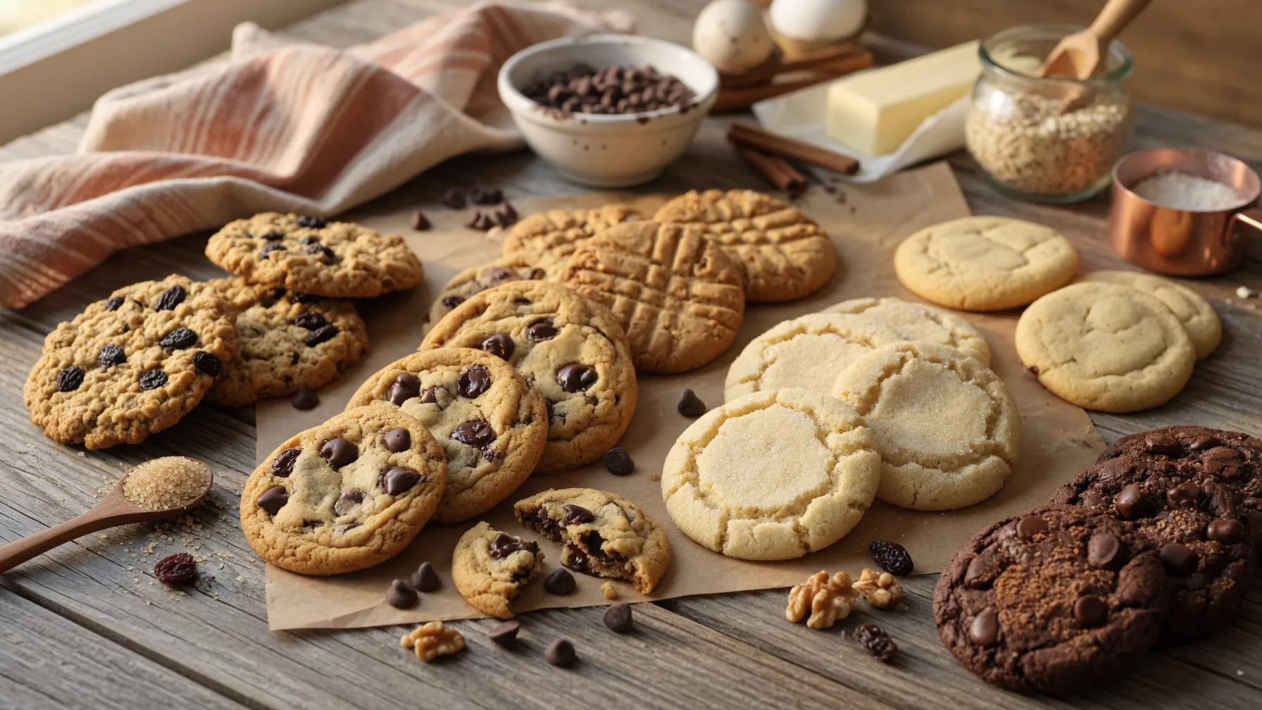 A variety of homemade cookies including chocolate chip, sugar, peanut butter, oatmeal raisin, and double chocolate cookies arranged on a wooden table