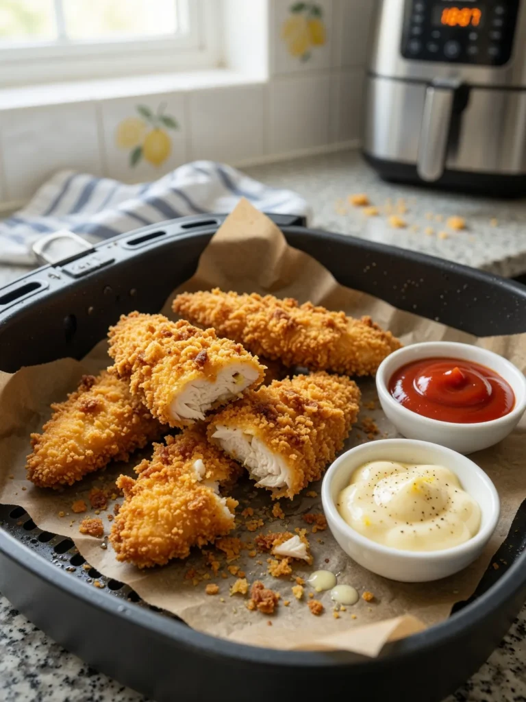 Golden crispy chicken tenders made in air fryer served with ketchup and mayonnaise dips
