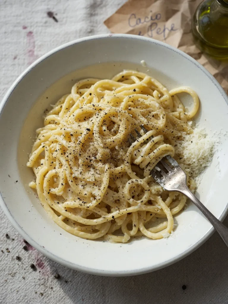 Traditional Cacio e Pepe pasta with pecorino romano cheese and black pepper