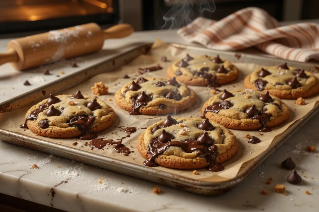 Homemade chocolate chip cookies with melted chocolate chips on a baking tray