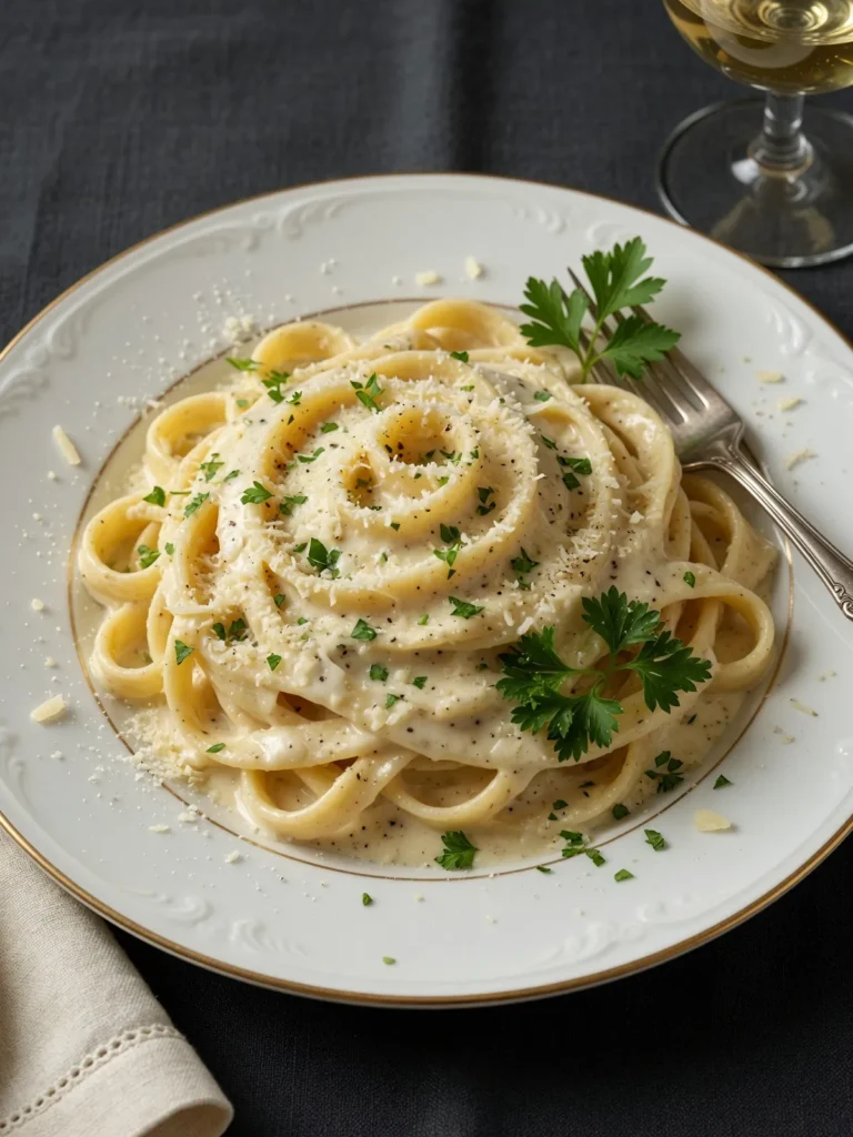 Creamy fettuccine Alfredo pasta with parmesan cheese and butter sauce