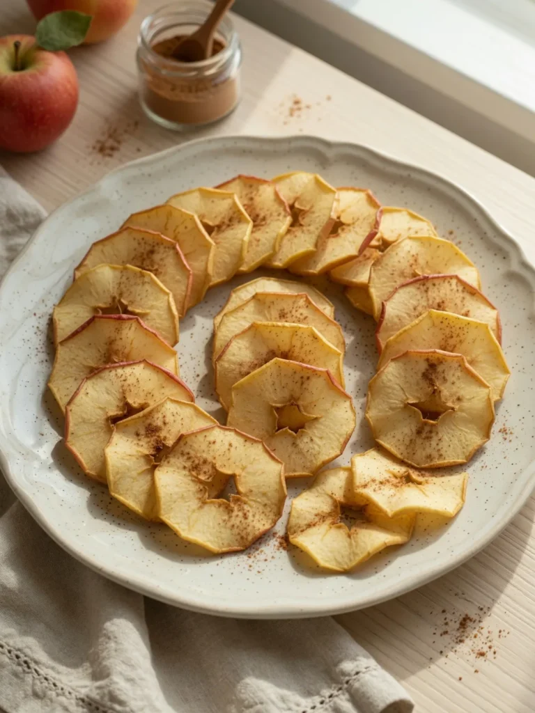 Thin apple slices air fried until crispy and lightly caramelized