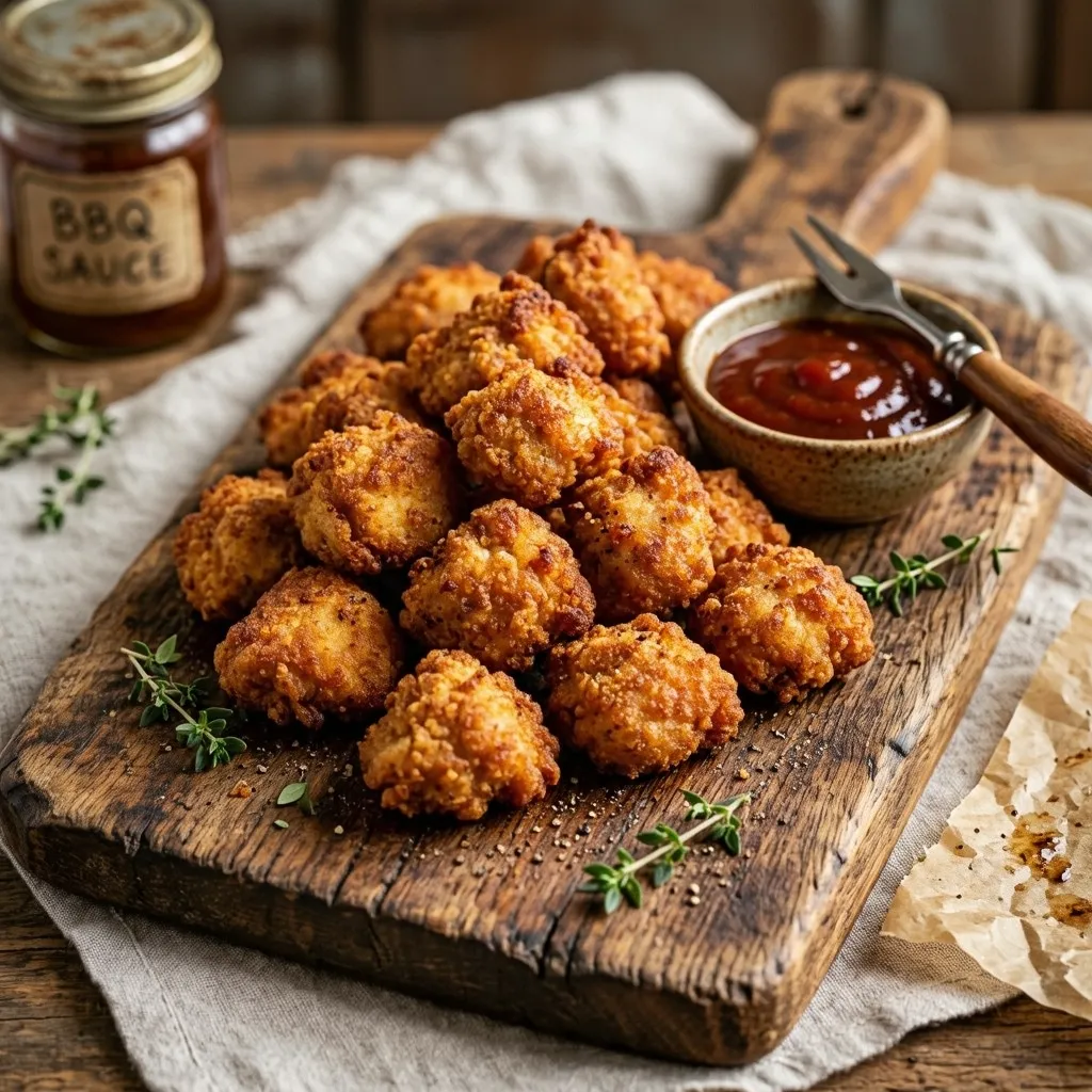 Bite-sized crispy chicken pieces cooked in an air fryer and served with barbecue