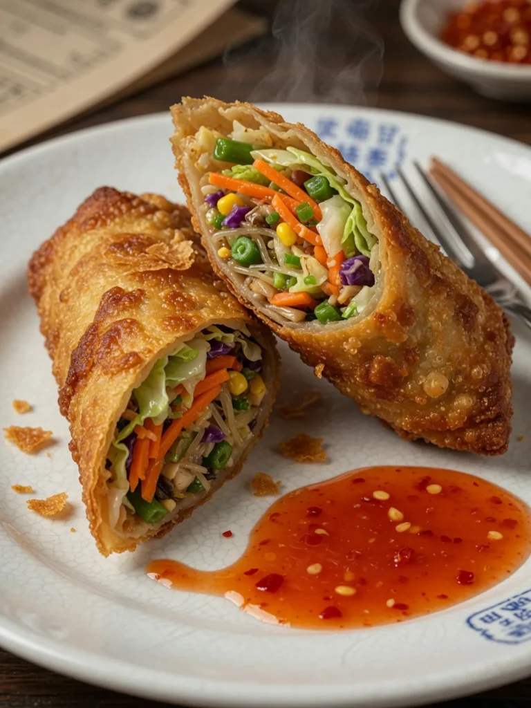 Golden air fryer egg rolls served with sweet chili dipping sauce