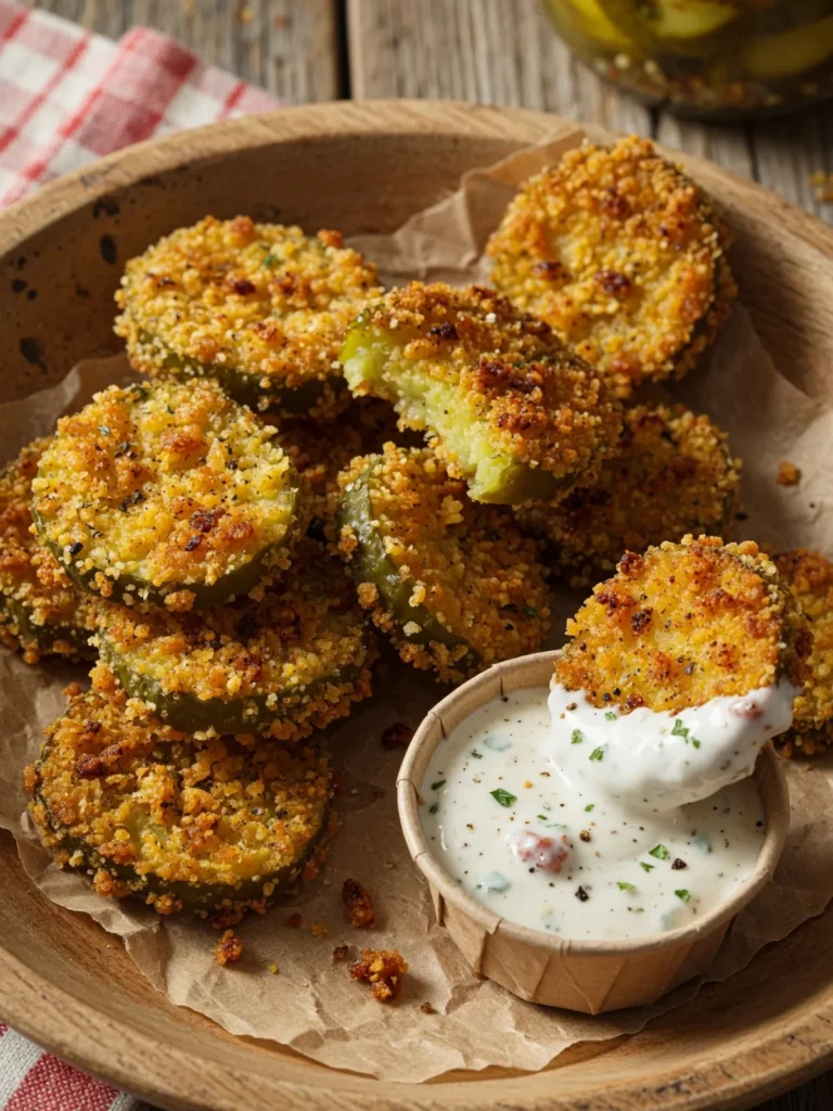 Breaded pickle slices cooked in an air fryer until crispy and golden brown