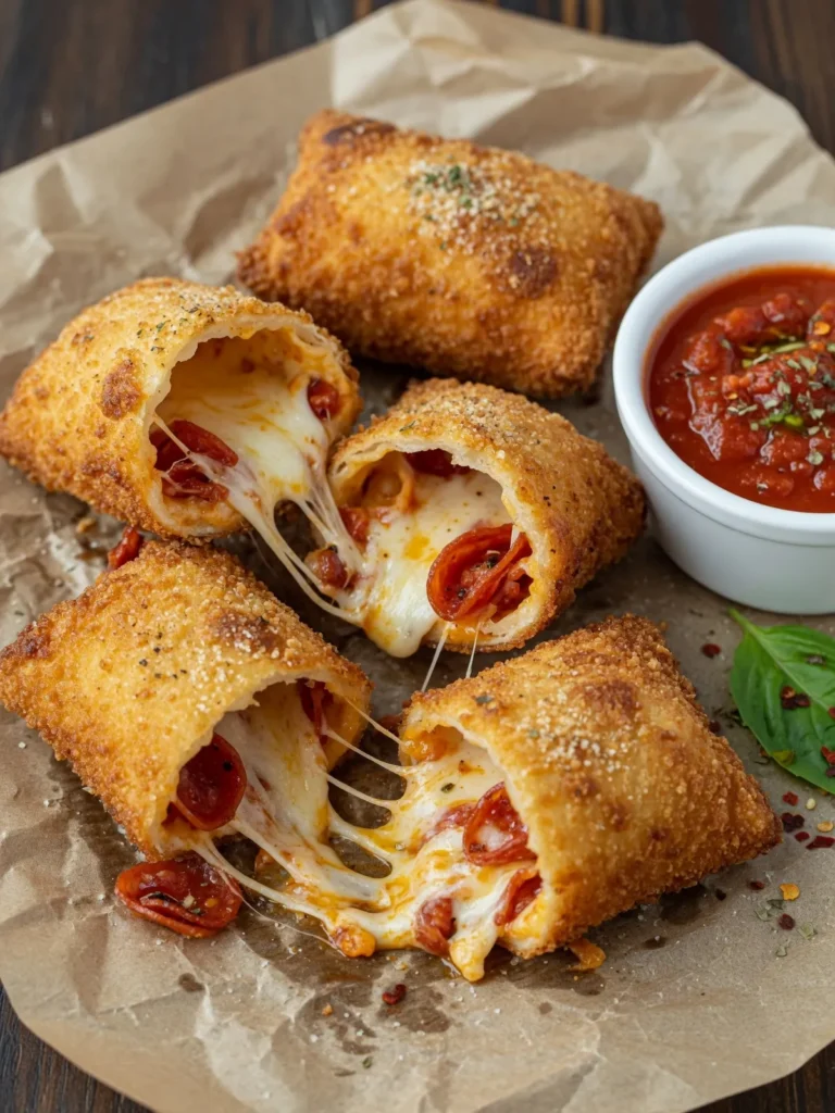 Homemade pizza rolls cooked in an air fryer with melted cheese filling