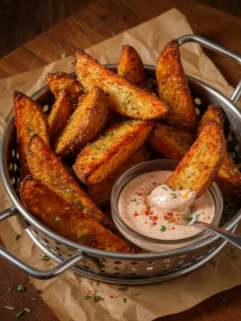 Golden seasoned potato wedges cooked in an air fryer and served in a basket