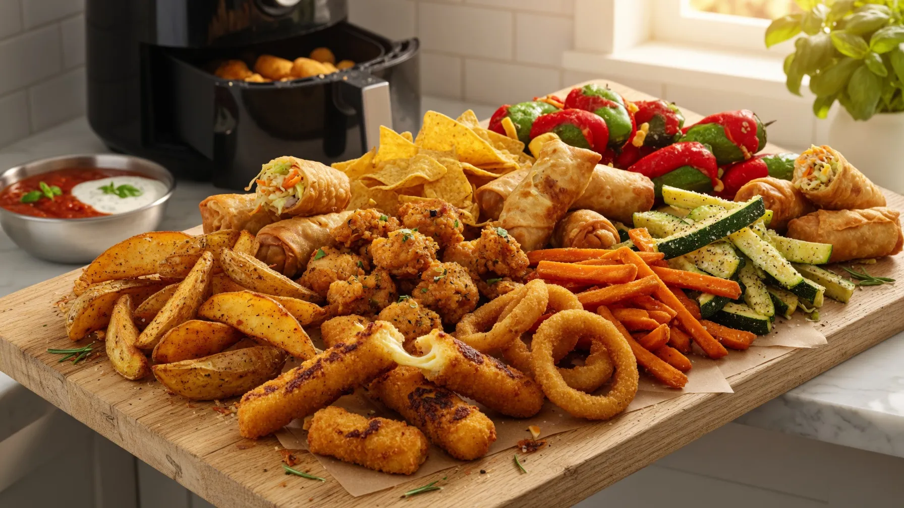 A variety of crispy air fryer snacks including mozzarella sticks, potato wedges, onion rings, chicken bites, zucchini fries, and egg rolls arranged on a serving board