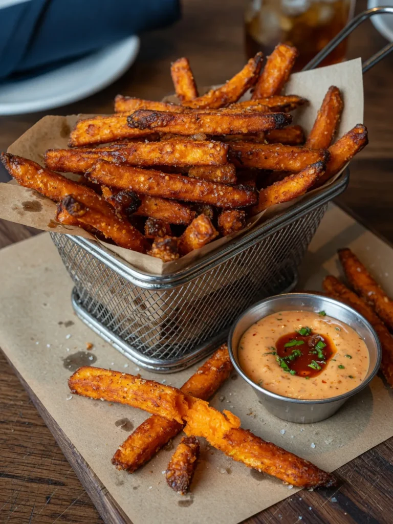 Golden sweet potato fries cooked in an air fryer and served with dipping sauce
