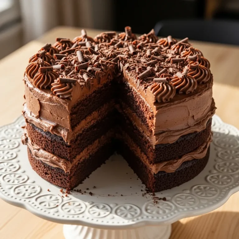 Moist homemade chocolate cake with rich chocolate frosting served on a cake stand