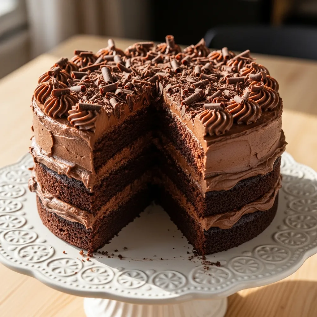 Moist homemade chocolate cake with rich chocolate frosting served on a cake stand