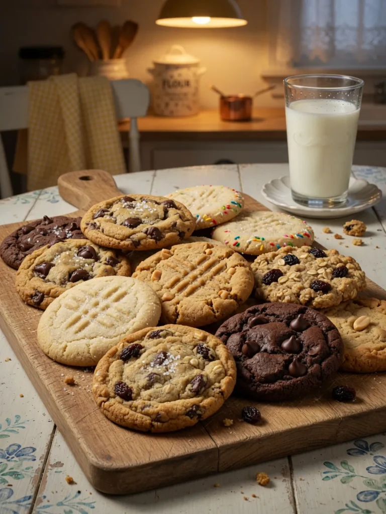 Assorted homemade cookies served with a glass of milk on a wooden table