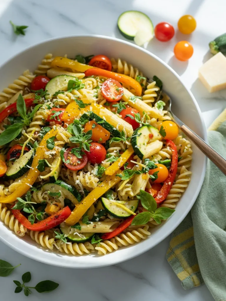 Pasta Primavera with zucchini, bell peppers, cherry tomatoes, and herbs