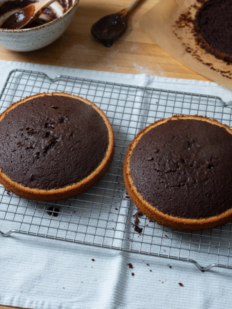 Freshly baked chocolate cake layers cooling on a wire rack