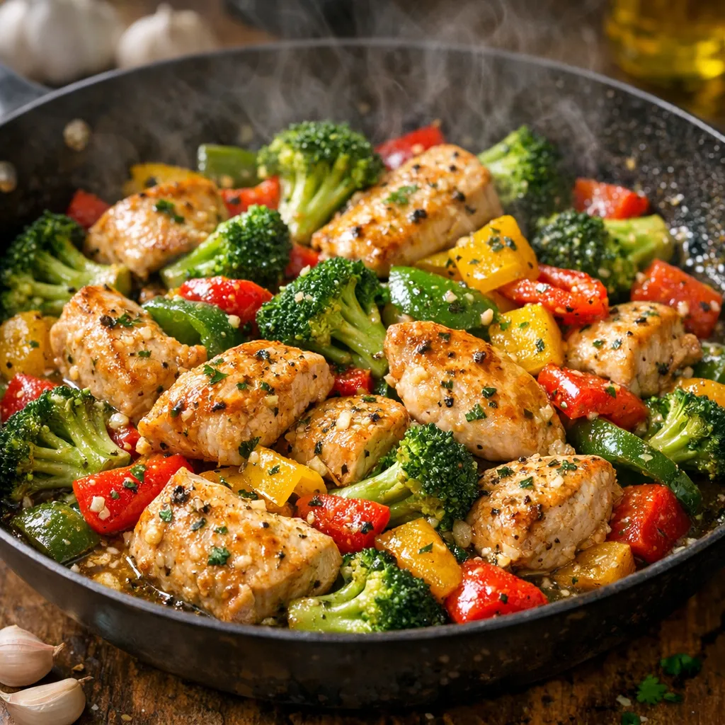 Garlic butter chicken breast with broccoli and bell peppers cooked in a skillet and served as a quick family dinner