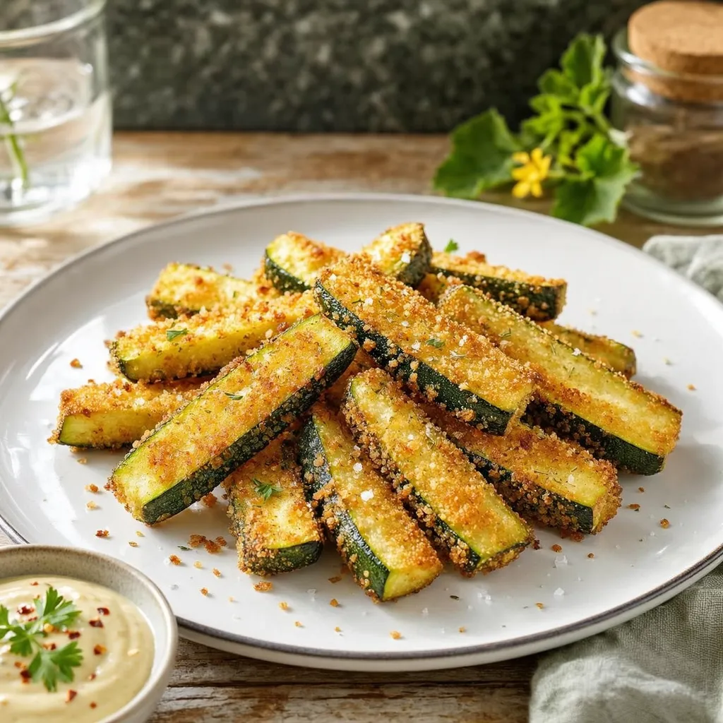 Crispy breadcrumb-coated zucchini fries cooked in an air fryer