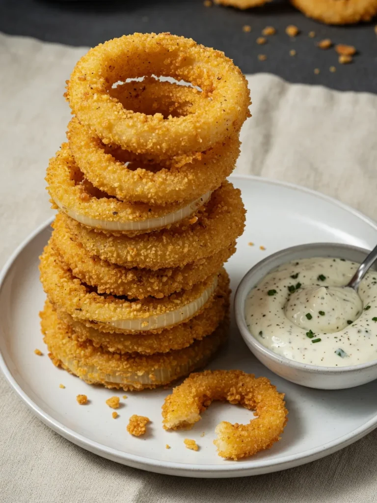Crunchy air fryer onion rings stacked on a plate with creamy dipping sauce