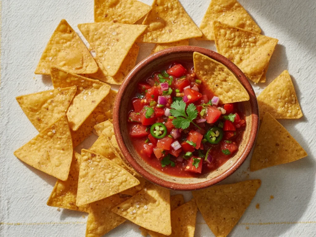 Crunchy tortilla chips made in an air fryer and served with fresh salsa