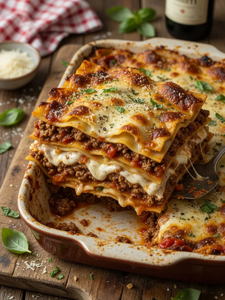 Traditional Italian lasagna with meat sauce, mozzarella, and parmesan cheese