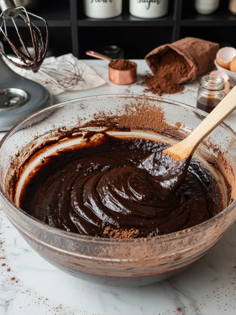 Chocolate cake batter being mixed in a large bowl with cocoa powder and baking ingredients