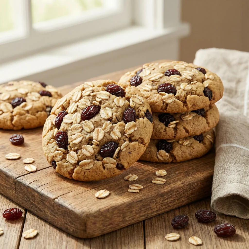 Fresh oatmeal raisin cookies filled with rolled oats and juicy raisins, homemade bakery style, warm natural lighting, high detail food photography