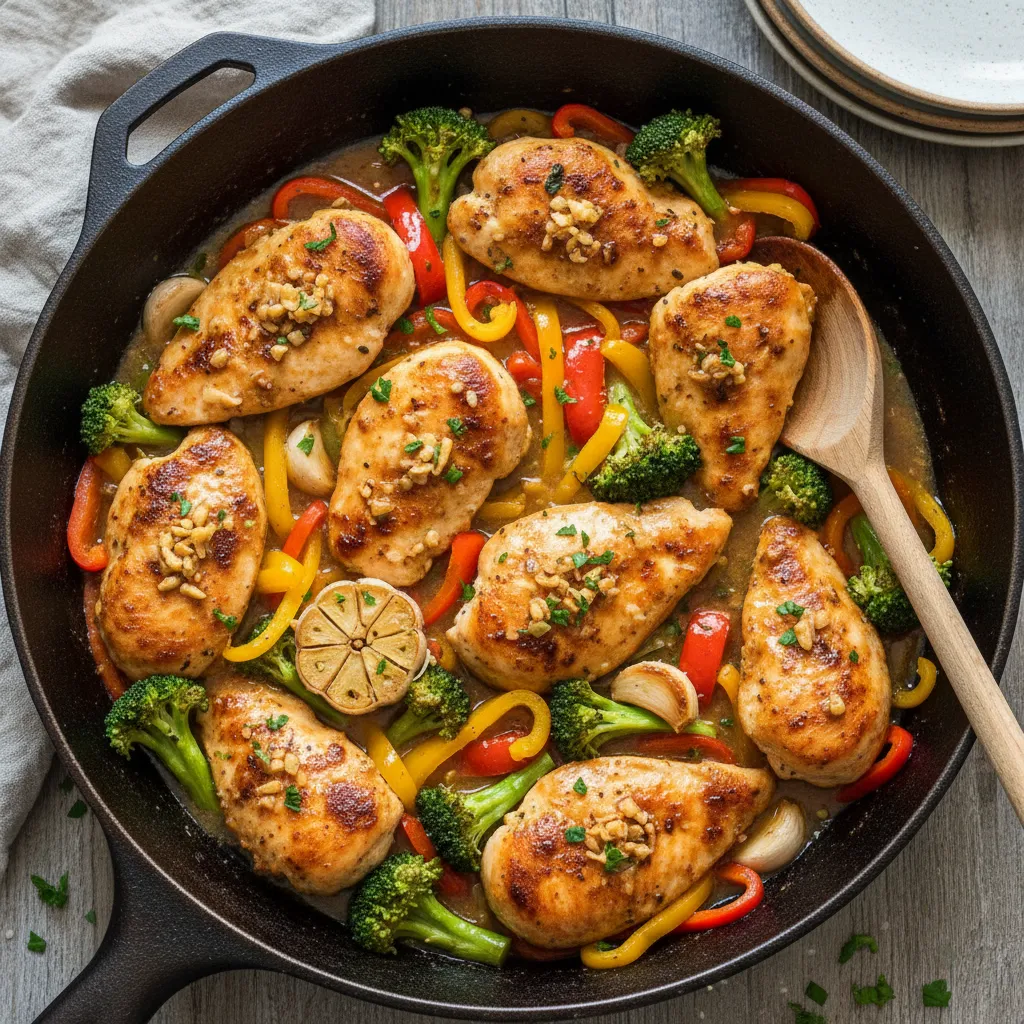 Garlic chicken breast with broccoli and bell peppers cooked in a skillet