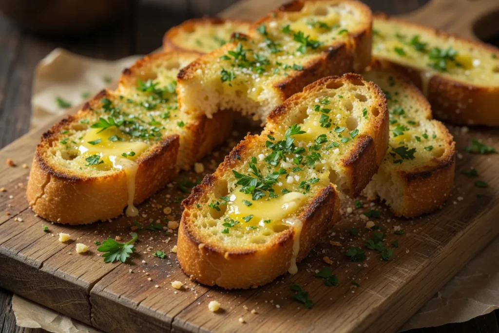 Crispy garlic bread slices toasted in an air fryer with butter and herbs