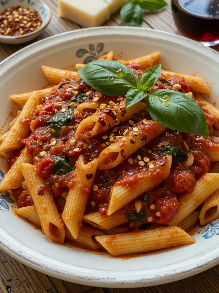 Penne Arrabbiata pasta with spicy tomato sauce and fresh herbs