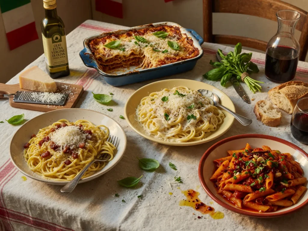 Assortment of traditional Italian pasta dishes served with fresh ingredients and parmesan cheese