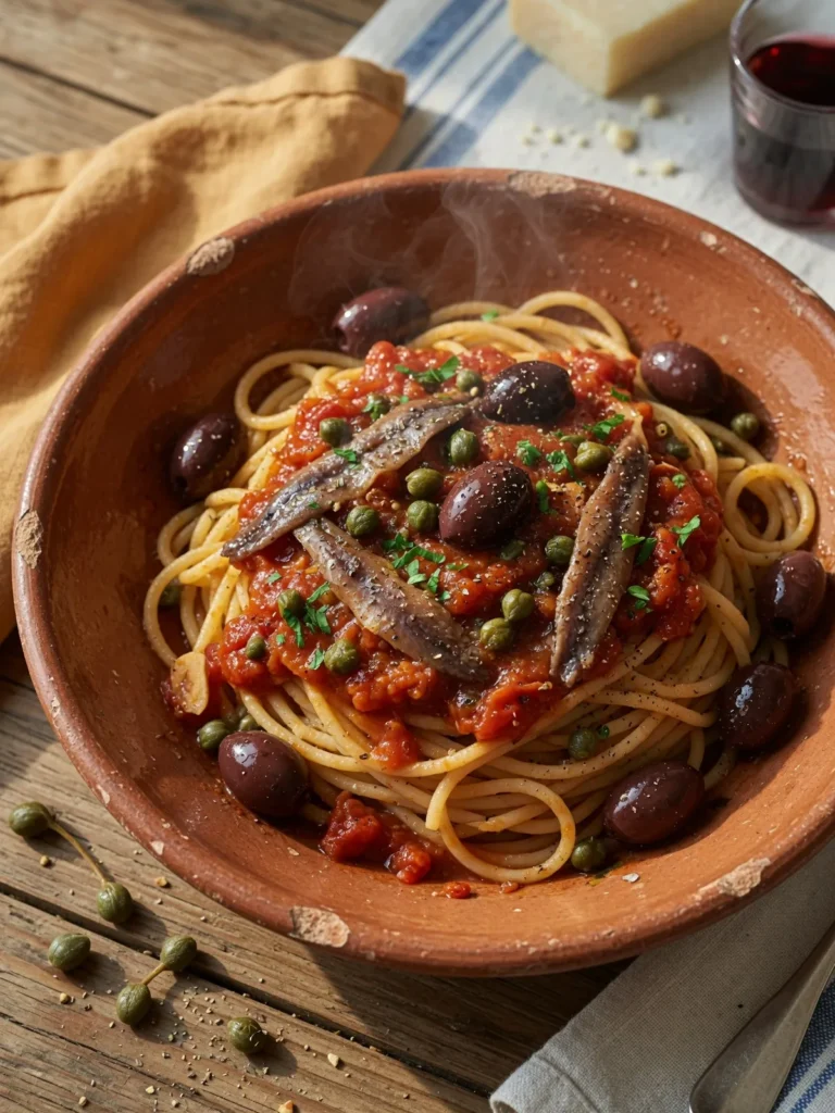 Pasta Puttanesca with olives, capers, anchovies, and tomato sauce