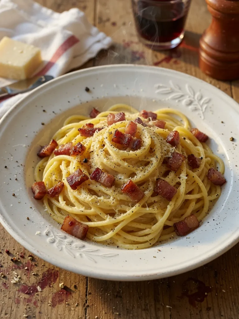 Traditional Italian spaghetti carbonara with pancetta, pecorino cheese, and black pepper
