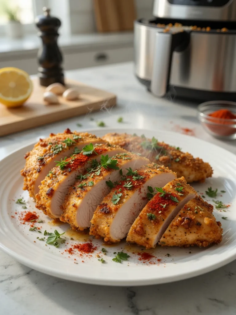 Golden crispy air fryer chicken breast sliced and served on a plate with herbs and paprika