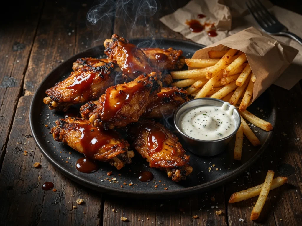 Crispy air fryer chicken wings coated in BBQ sauce served on a rustic plate with dipping sauce
