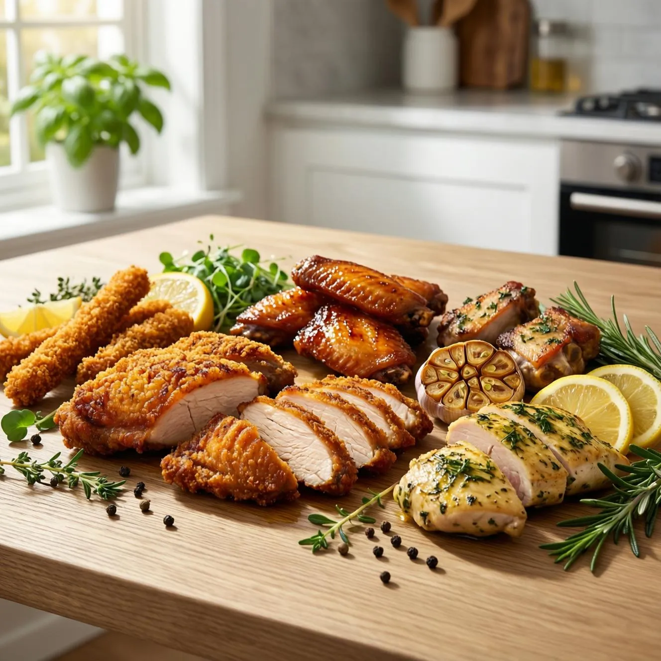 A variety of air fryer chicken recipes including crispy chicken breast, wings, tenders, garlic thighs, and lemon herb chicken arranged on a wooden table in a bright modern kitchen