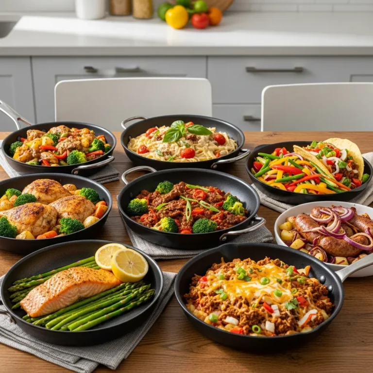 A variety of one-pan meals including chicken, pasta, salmon, beef, potatoes, and vegetables served on a rustic dining table
