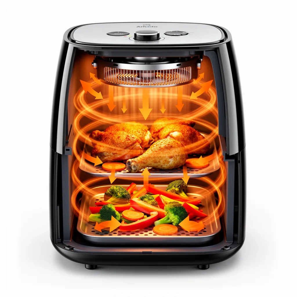 Illustration showing how an air fryer circulates hot air to cook food evenly