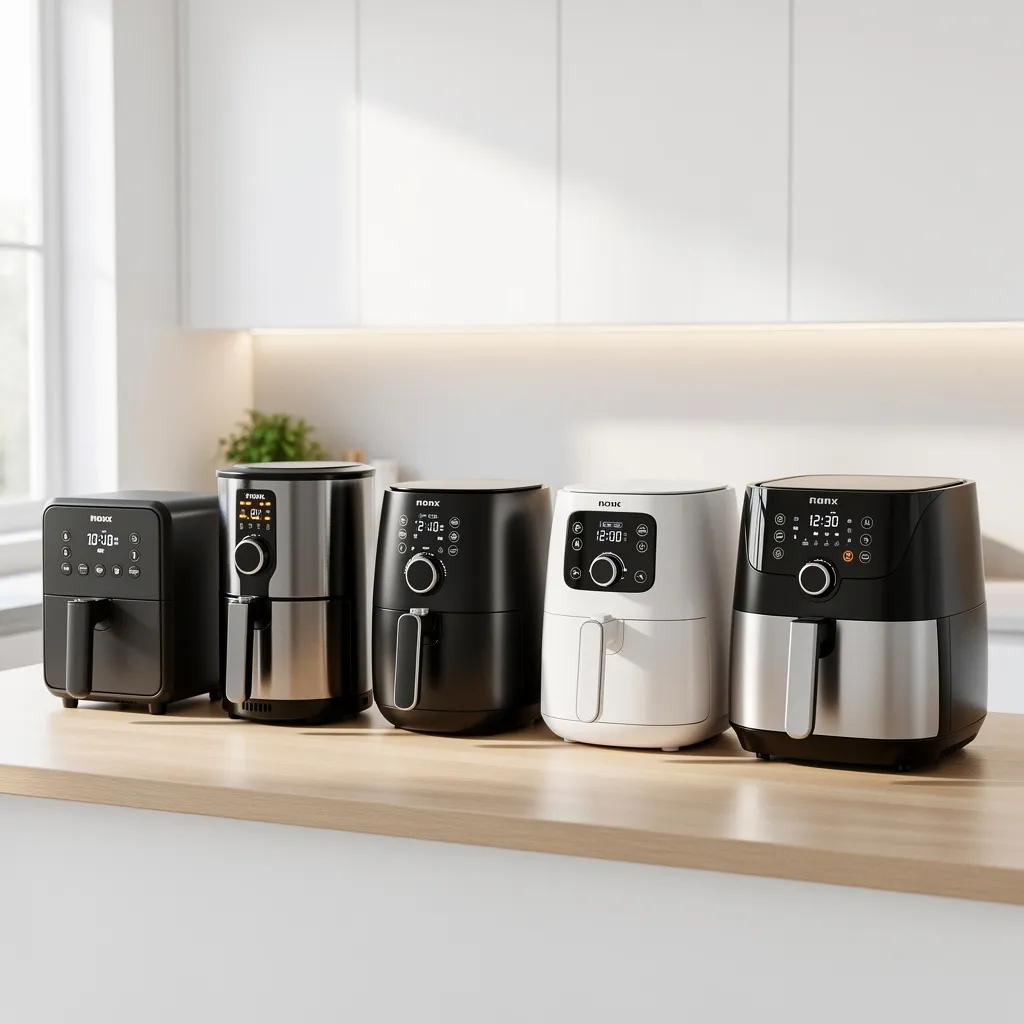 Top beginner-friendly air fryers displayed side by side in a modern kitchen
