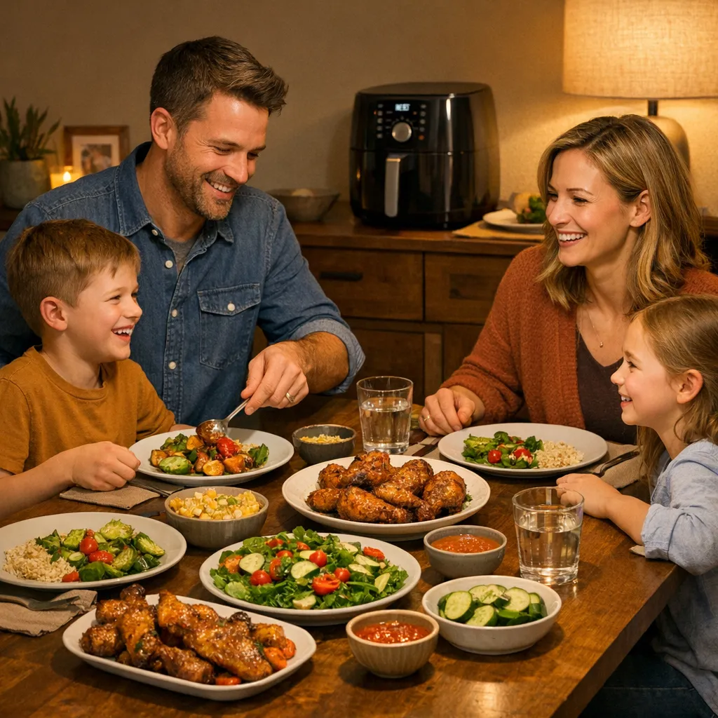 Family enjoying a healthy homemade meal cooked with an air fryer